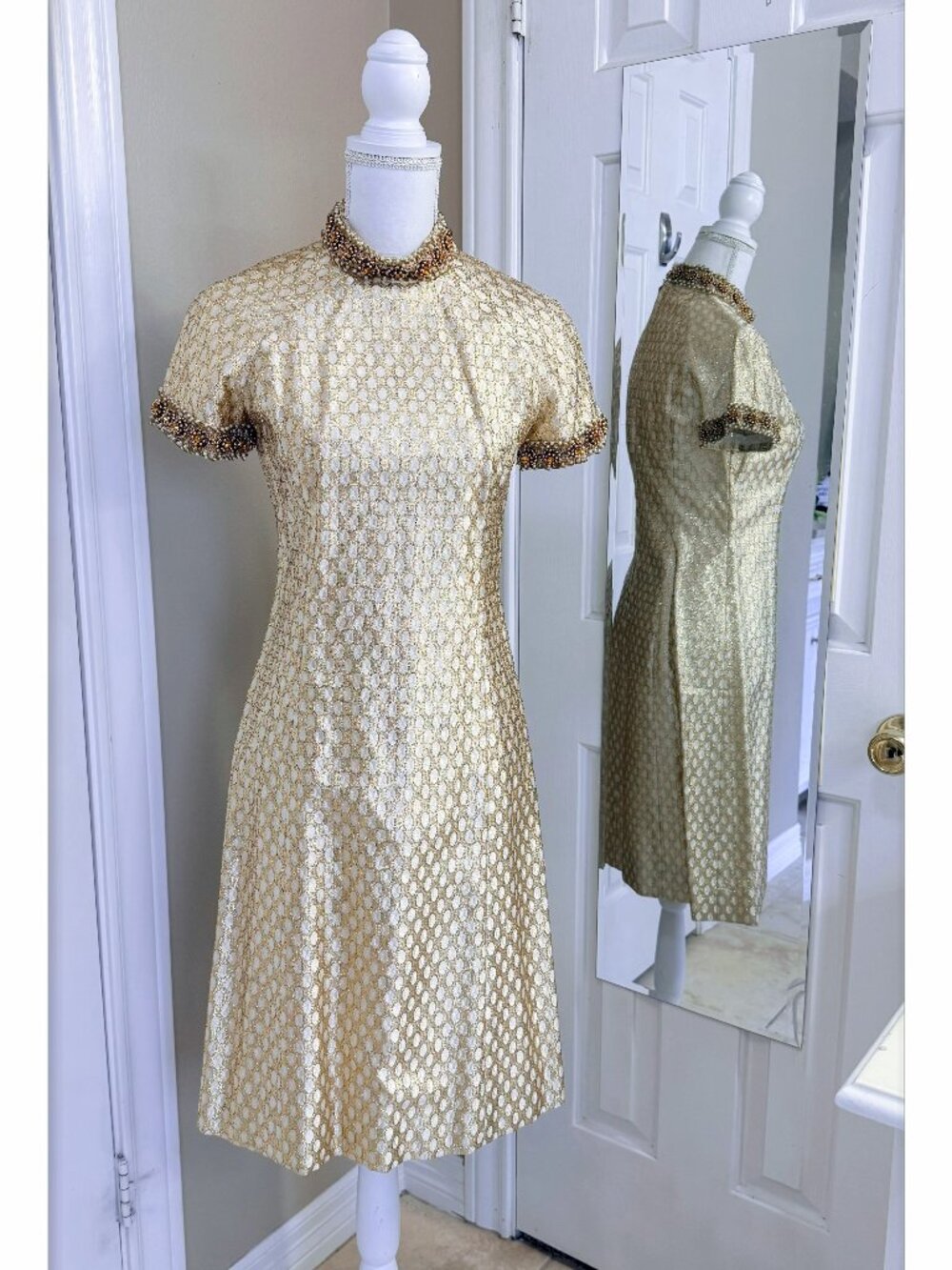 Neiman Marcus Gold brocade sheath cocktail dress with bronze beaded trim size 8